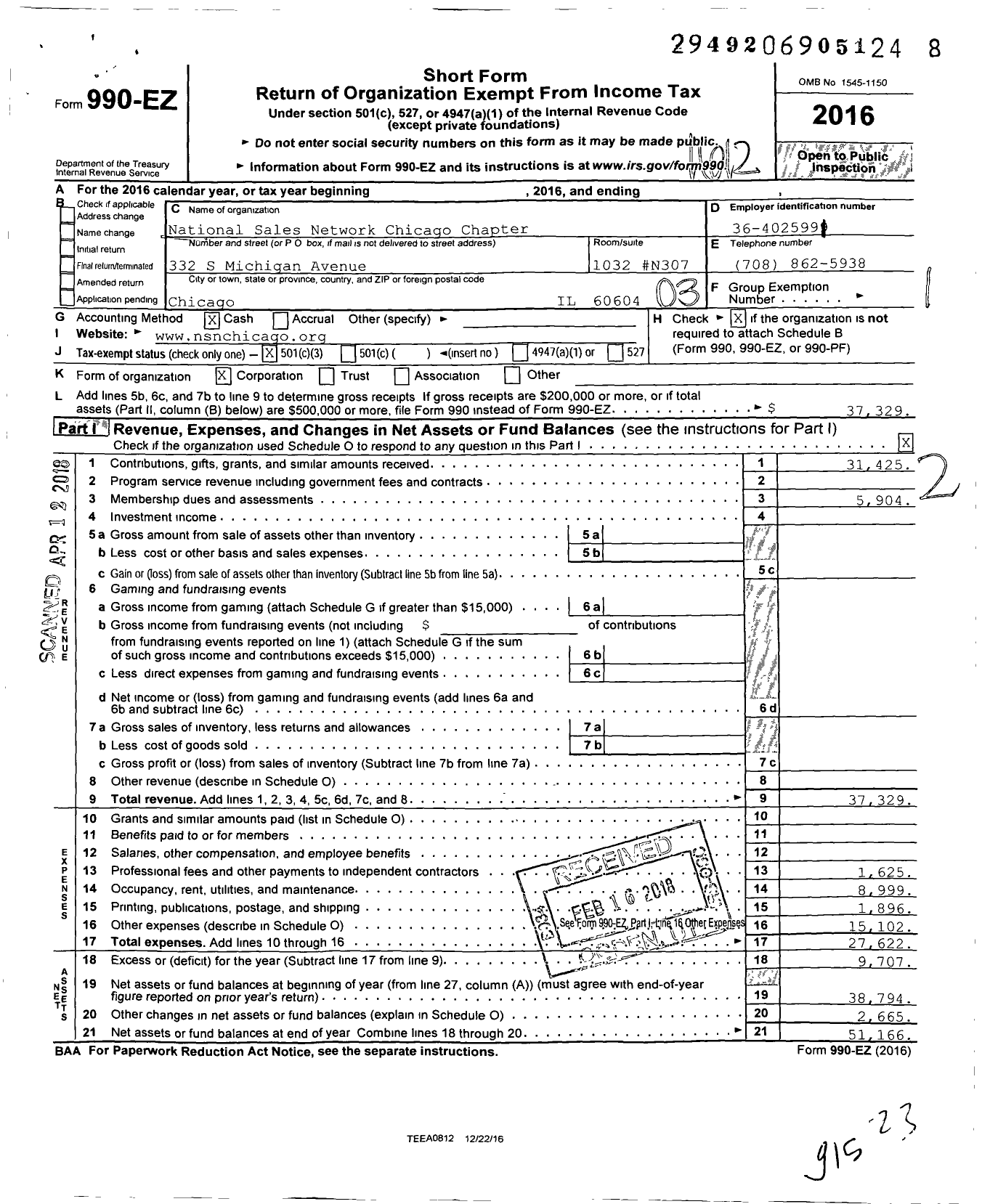 Image of first page of 2016 Form 990EZ for National Sales Network Chicago Chapter