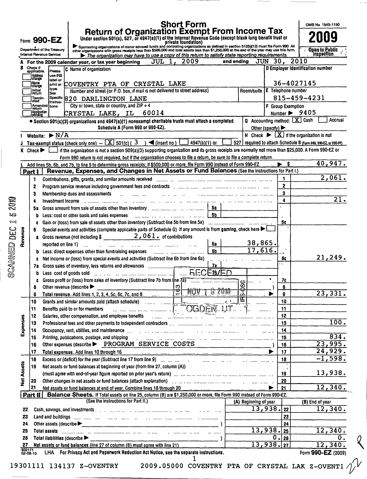 Image of first page of 2009 Form 990EZ for Illinois PTA - Coventry PTA