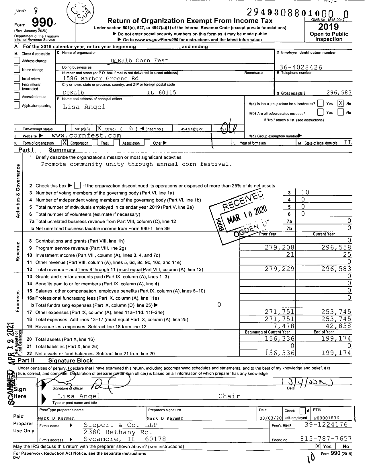 Image of first page of 2019 Form 990O for Dekalb Corn Fest