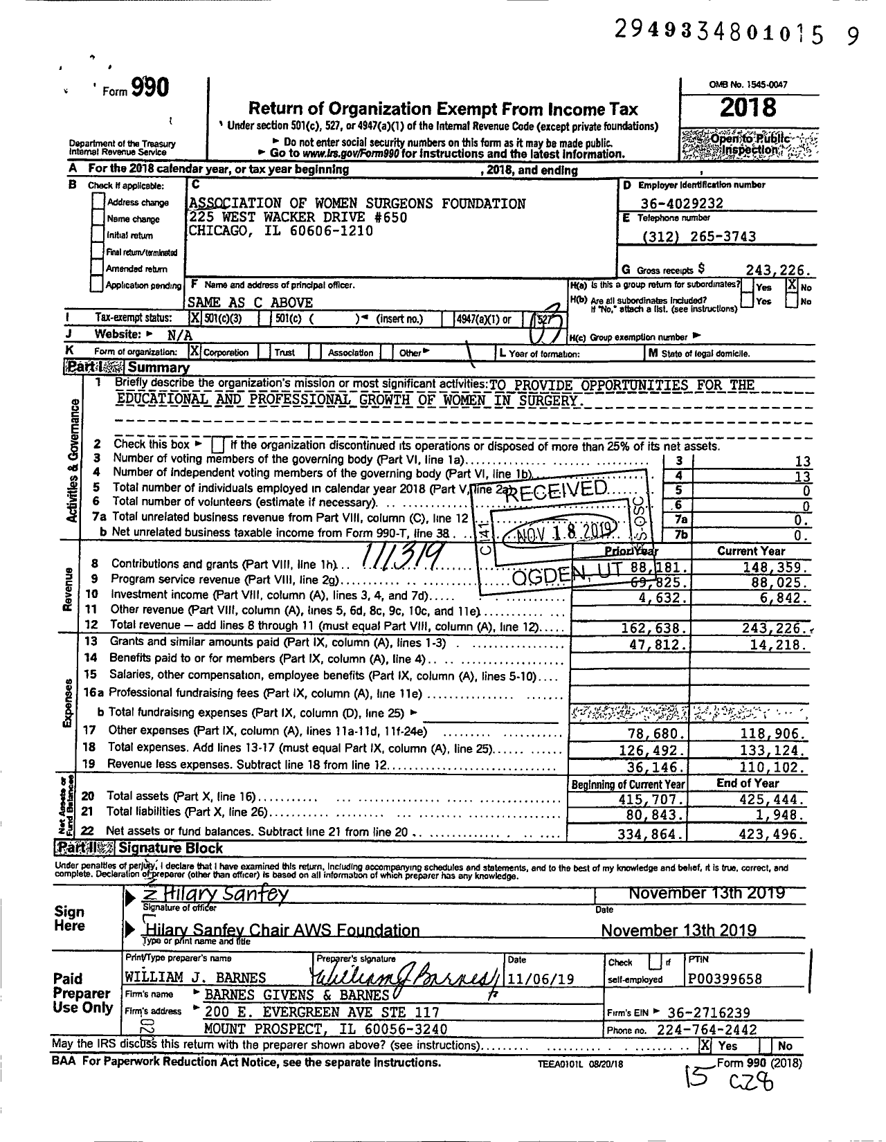 Image of first page of 2018 Form 990 for Association of Women Surgeons Foundation