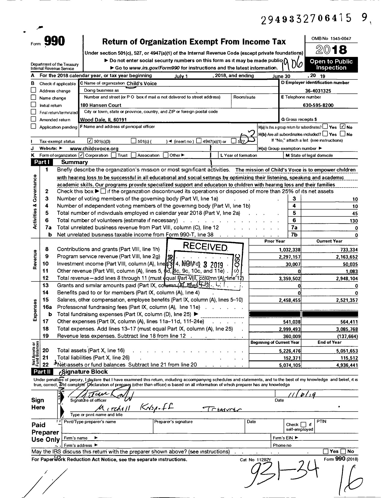 Image of first page of 2018 Form 990 for Child's Voice School