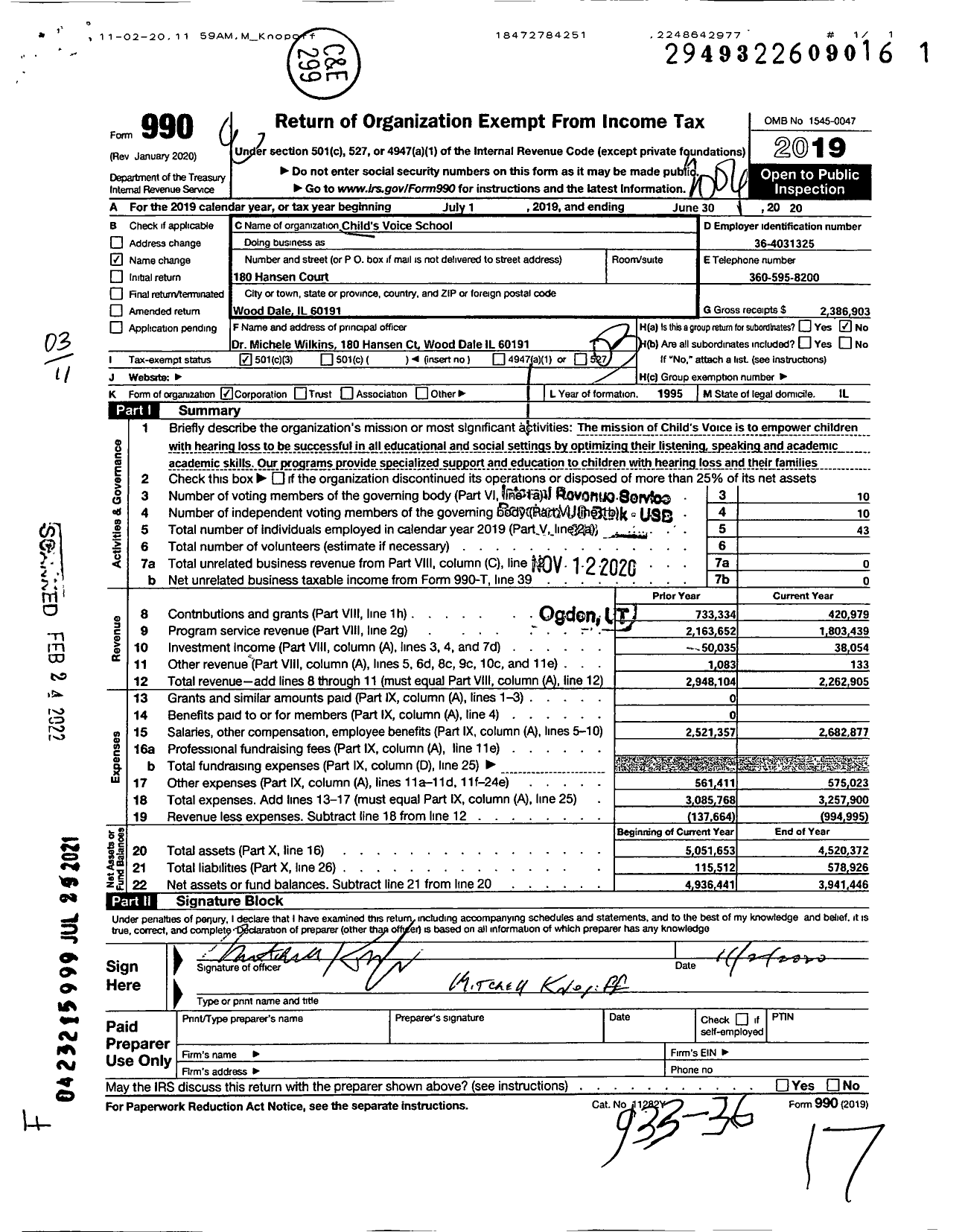 Image of first page of 2019 Form 990 for Child's Voice School