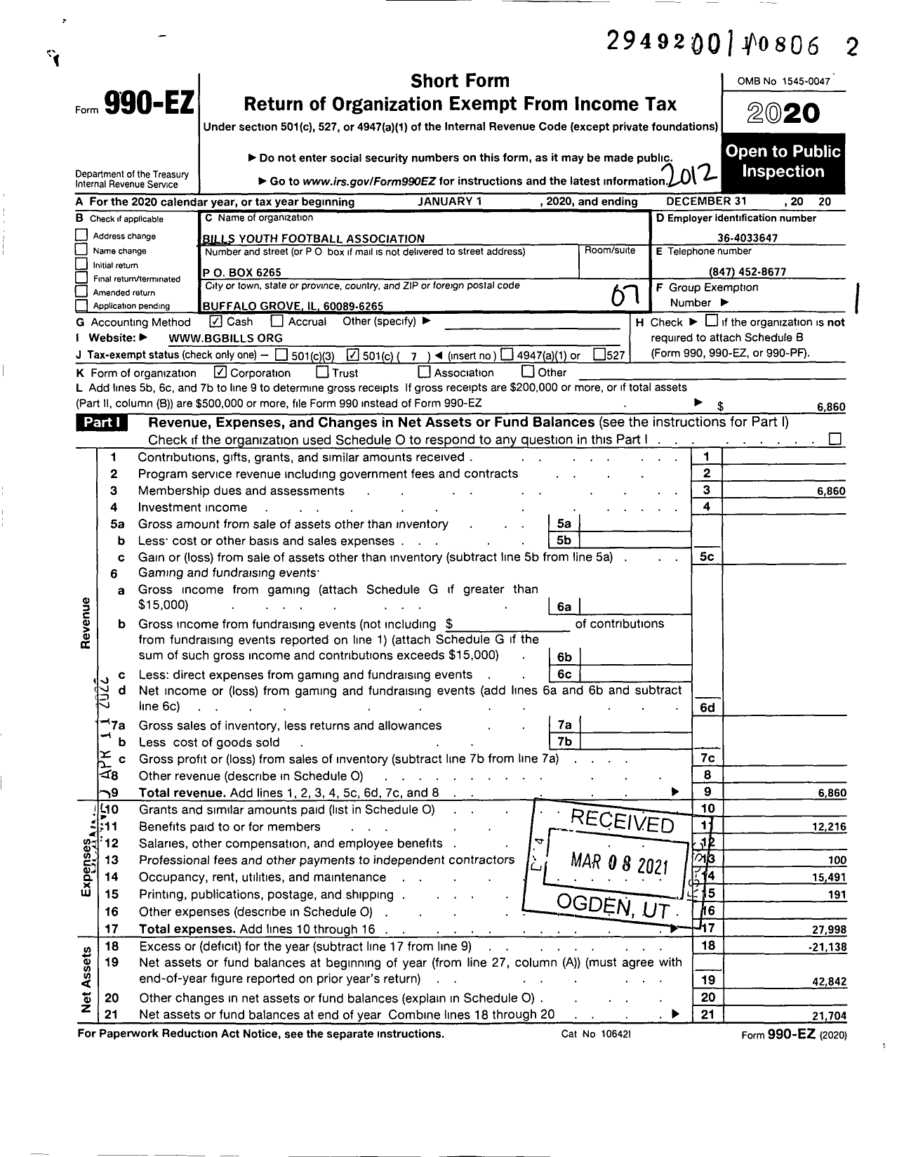 Image of first page of 2020 Form 990EO for Bills Youth Football Association