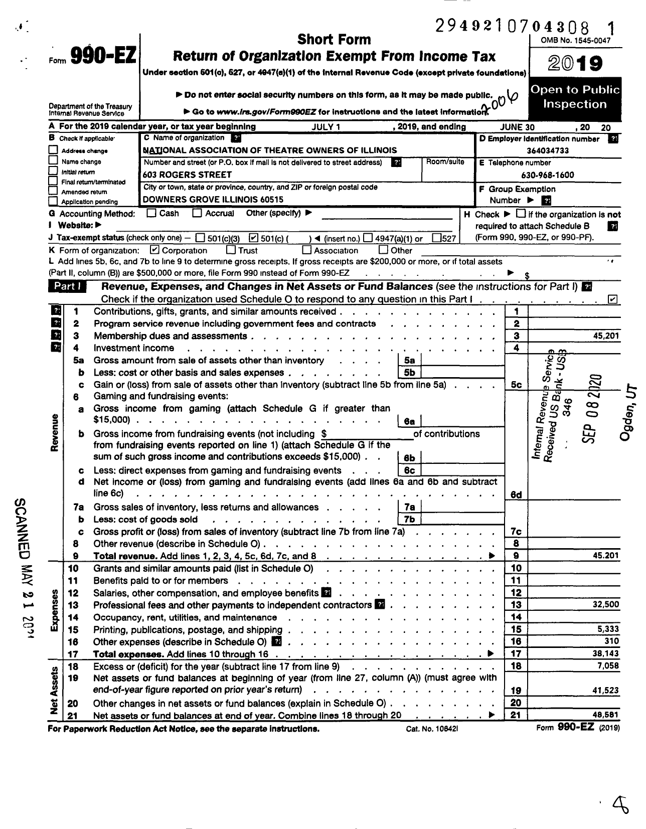 Image of first page of 2019 Form 990EZ for National Association of Theatre Owners of Illinois