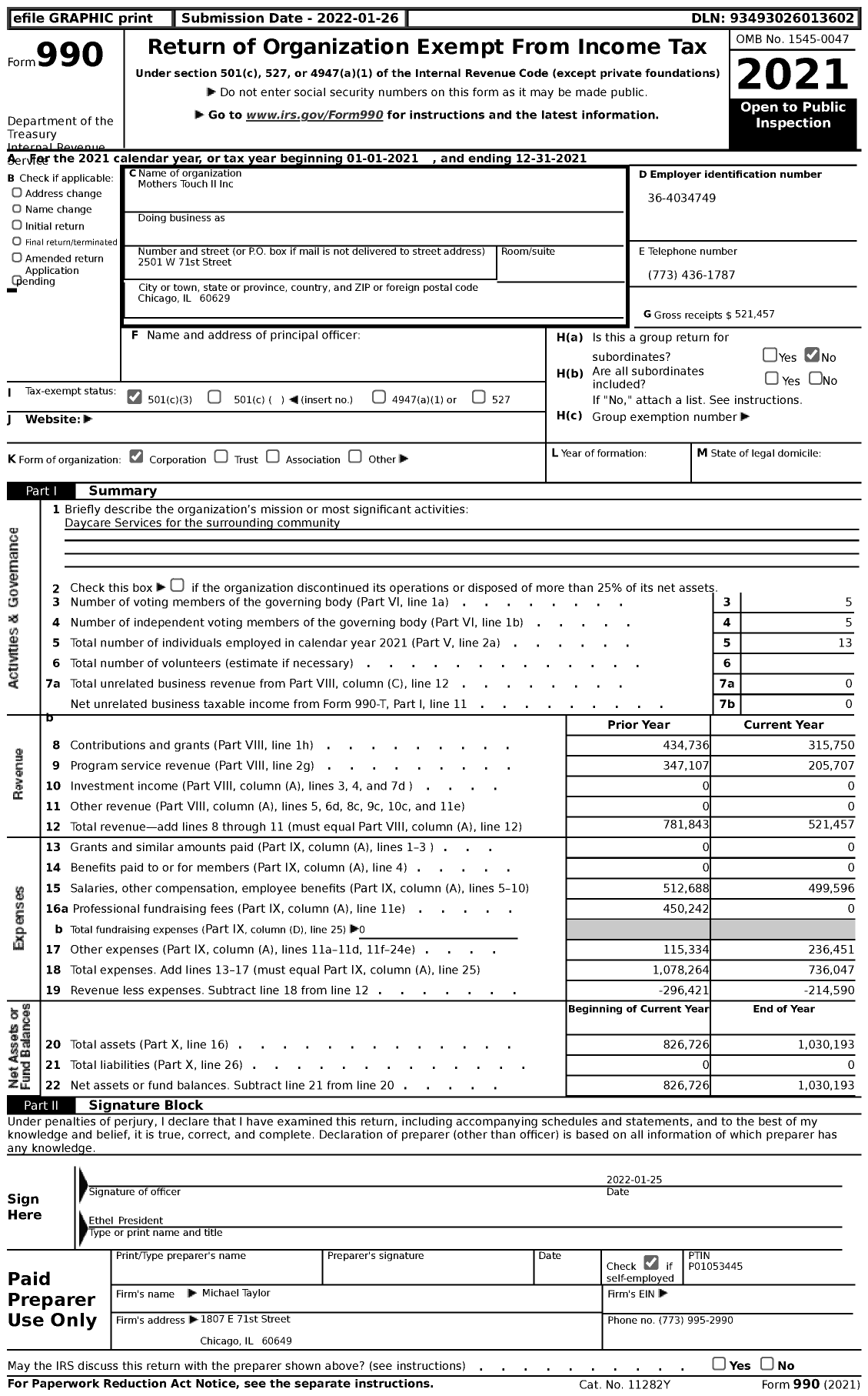 Image of first page of 2021 Form 990 for Mothers Touch II