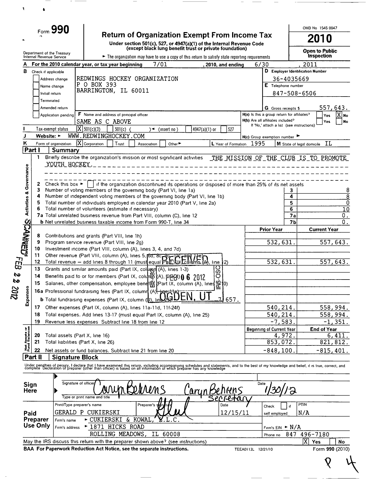 Image of first page of 2010 Form 990 for Redwings Hockey Organization