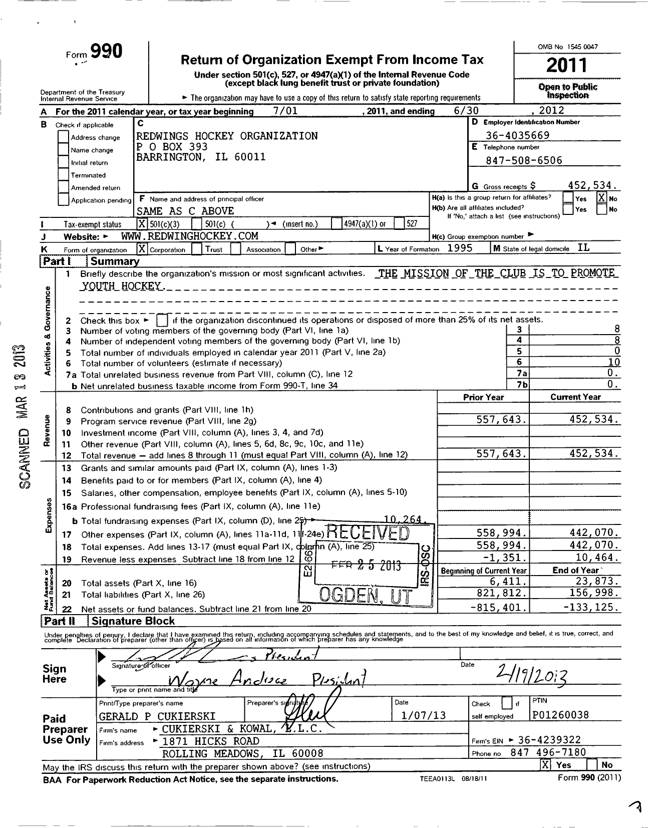 Image of first page of 2011 Form 990 for Redwings Hockey Organization