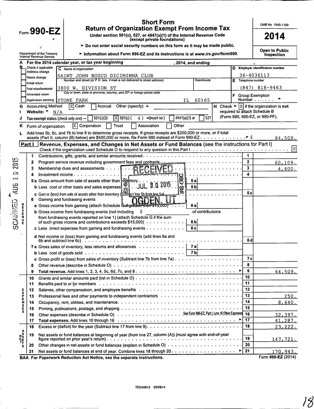 Image of first page of 2014 Form 990EO for Saint John Bosco Diciminna Club