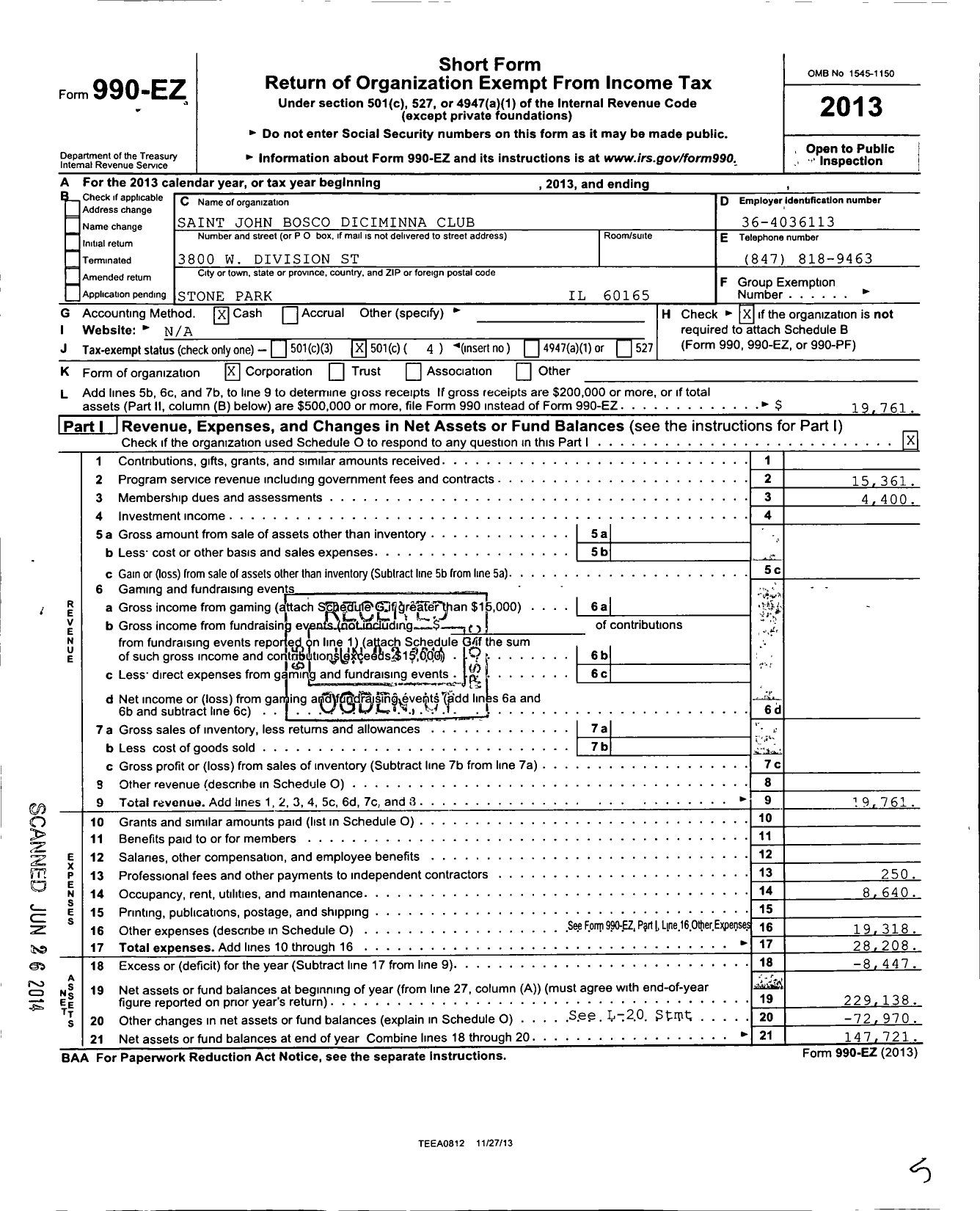 Image of first page of 2013 Form 990EO for Saint John Bosco Diciminna Club