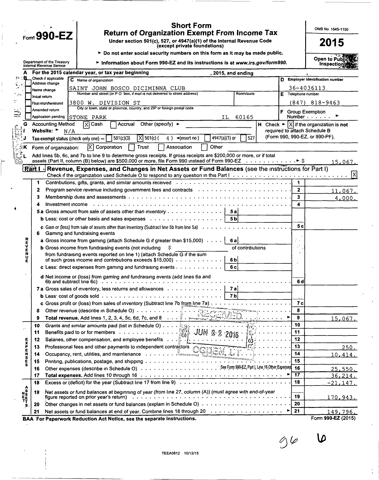 Image of first page of 2015 Form 990EO for Saint John Bosco Diciminna Club