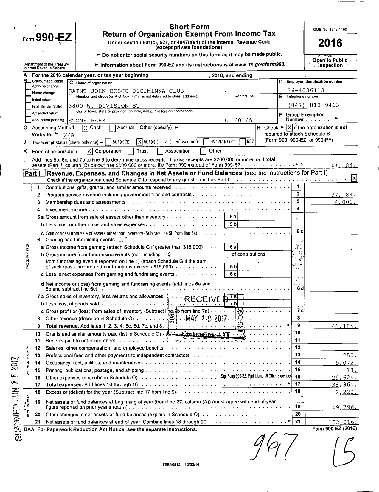 Image of first page of 2016 Form 990EO for Saint John Bosco Diciminna Club