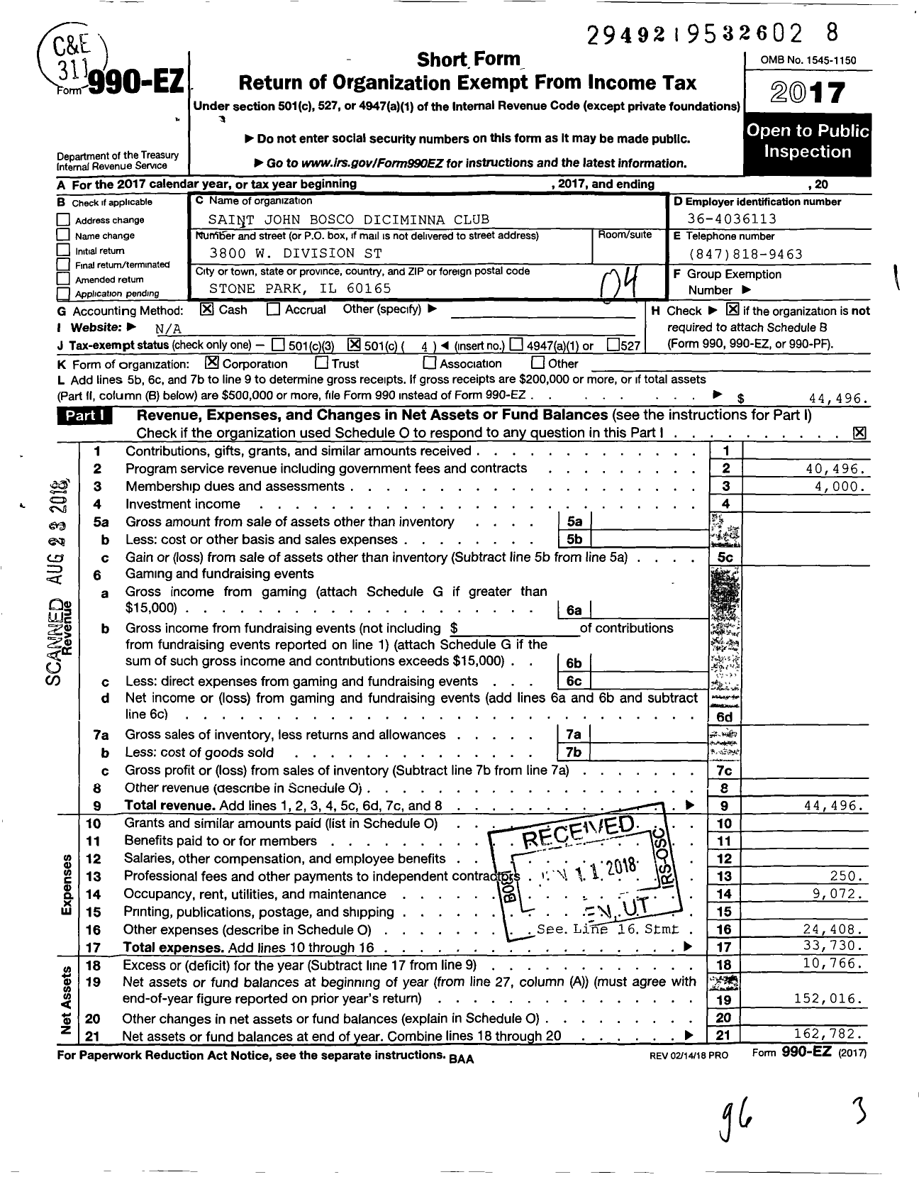 Image of first page of 2017 Form 990EO for Saint John Bosco Diciminna Club