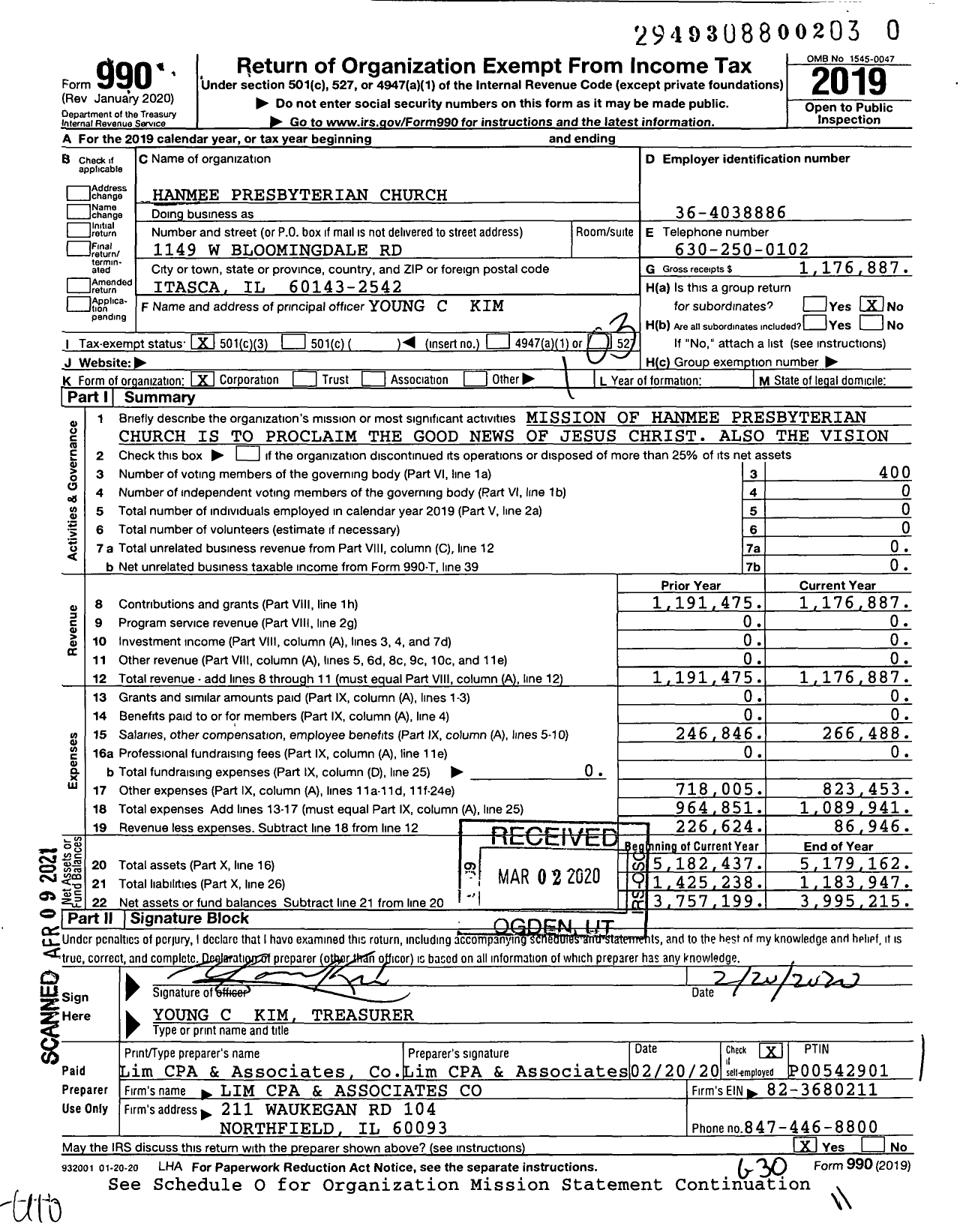 Image of first page of 2019 Form 990 for Hanmee Presbyterian Church