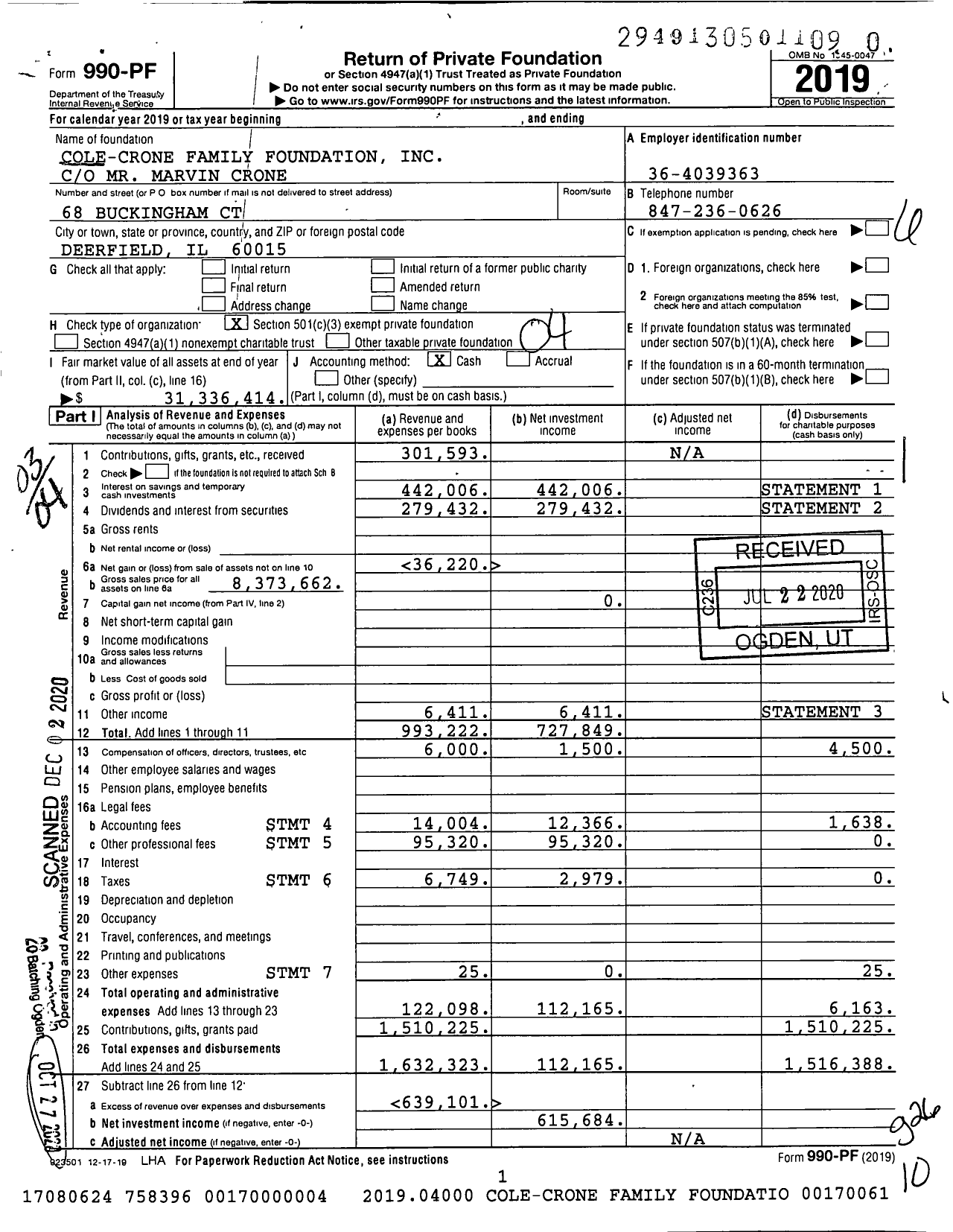Image of first page of 2019 Form 990PF for Cole-Crone Family Foundation