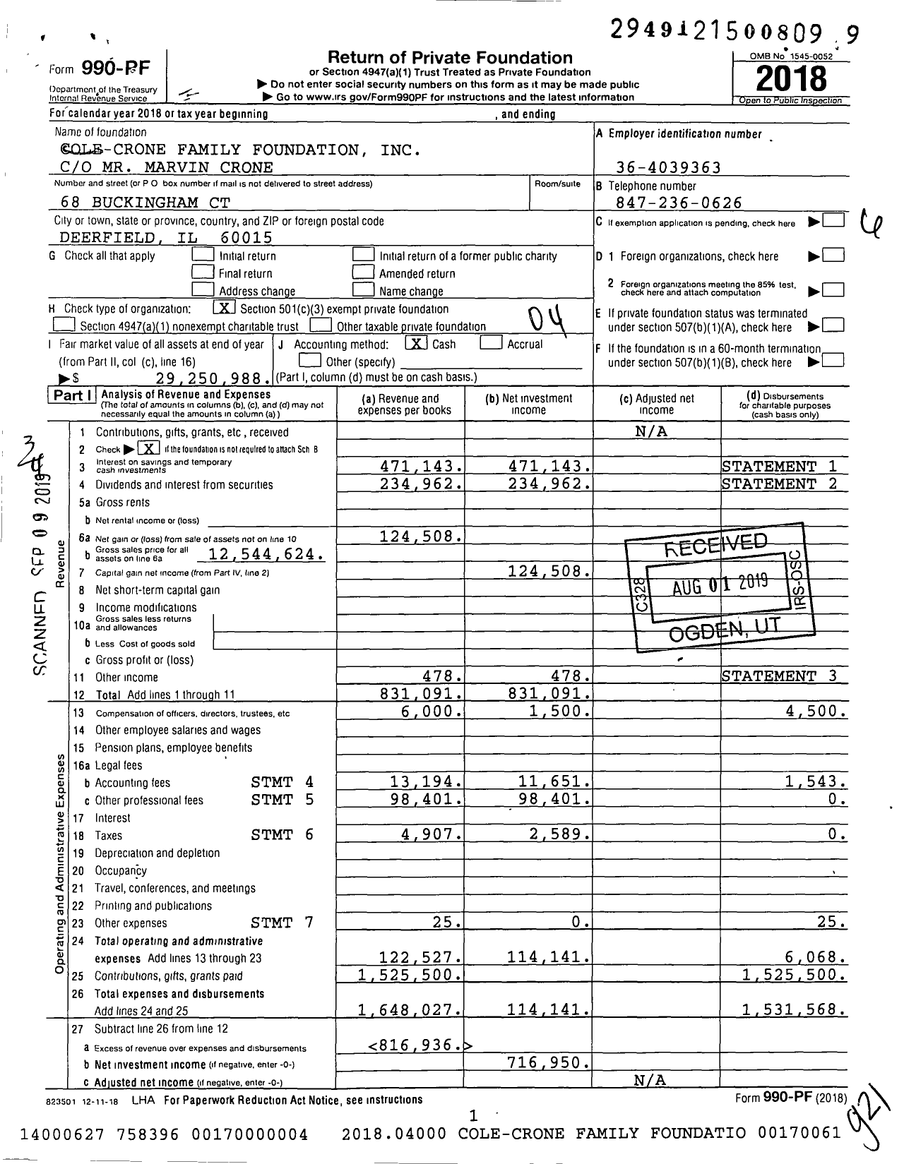 Image of first page of 2018 Form 990PF for Cole-Crone Family Foundation
