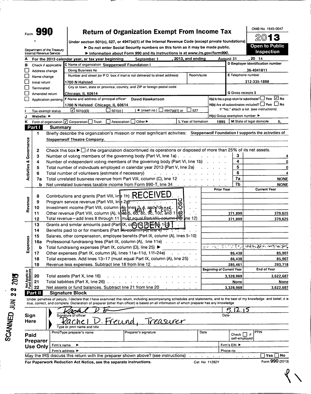 Image of first page of 2013 Form 990 for Steppenwolf Foundation I