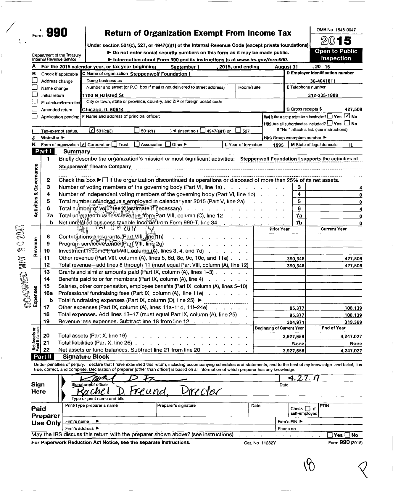 Image of first page of 2015 Form 990 for Steppenwolf Foundation I