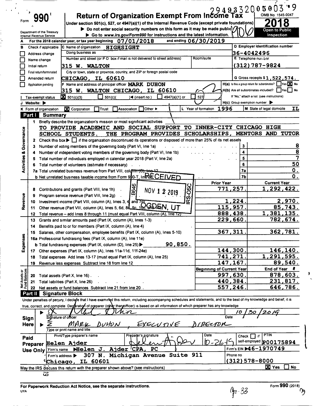 Image of first page of 2018 Form 990 for Highsight