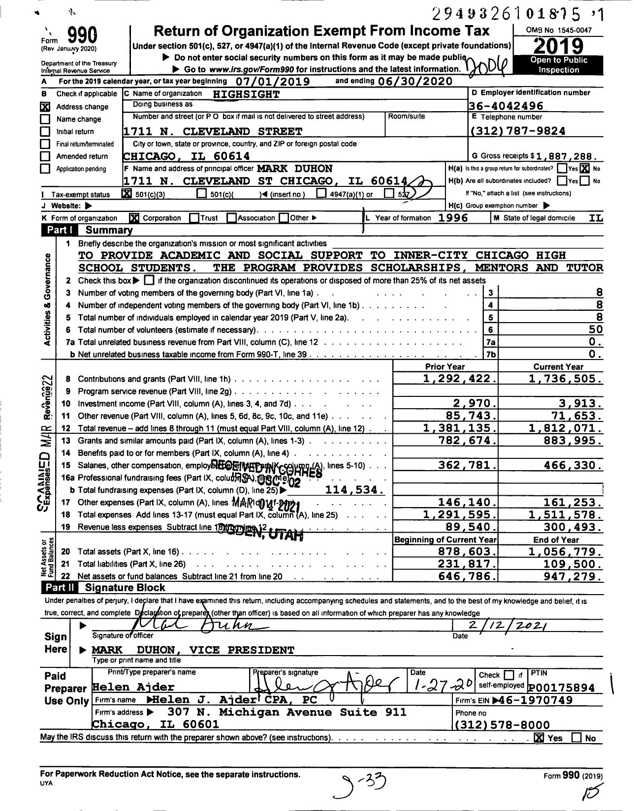 Image of first page of 2019 Form 990 for Highsight