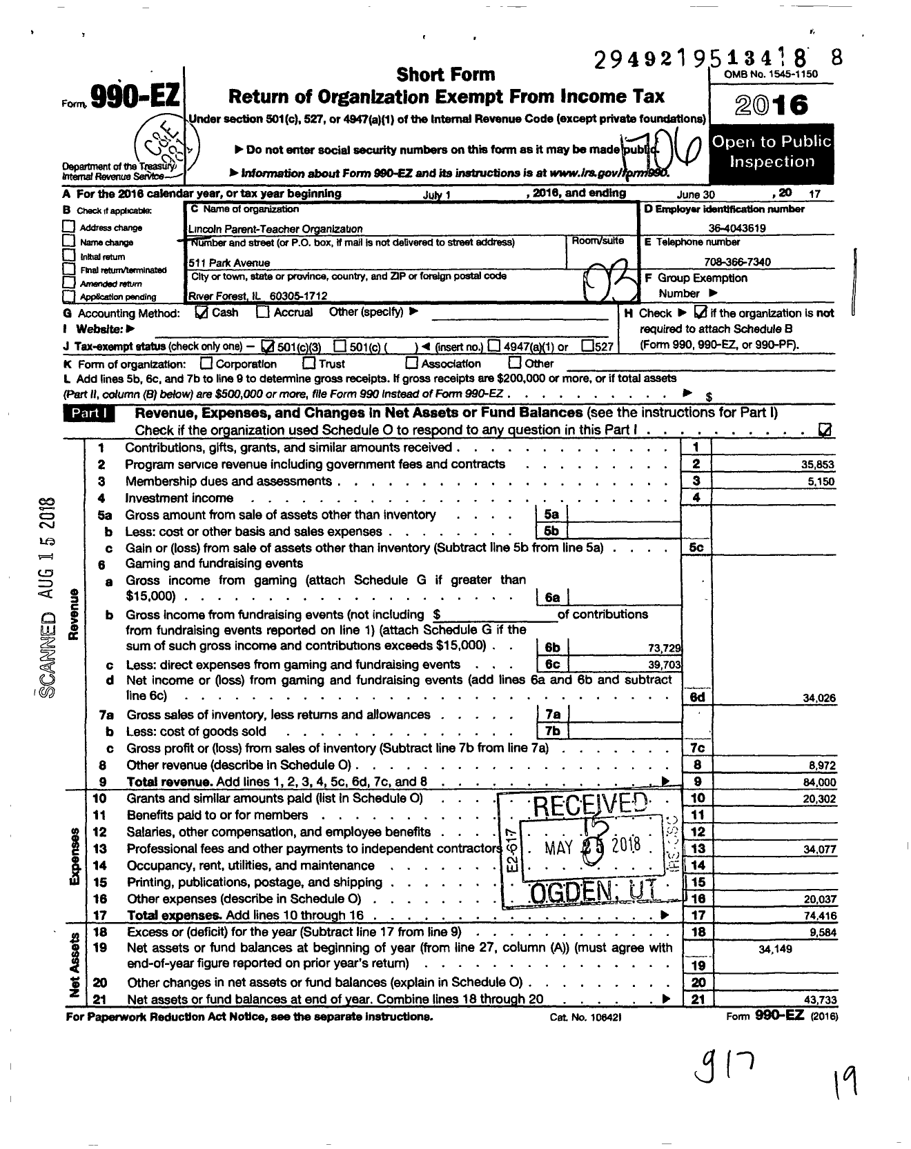 Image of first page of 2016 Form 990EZ for Lincoln Parent-Teacher Organization of River Forest