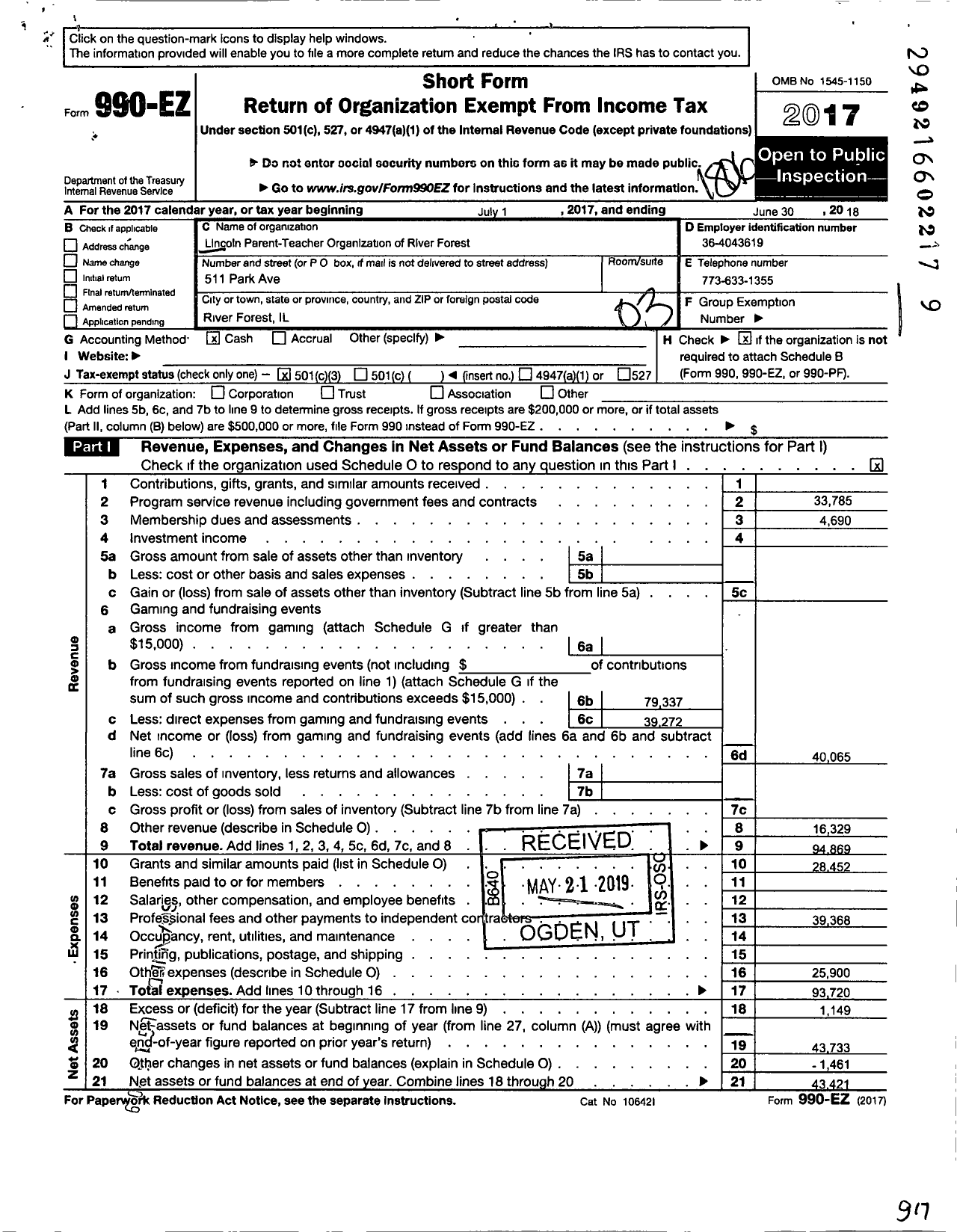 Image of first page of 2017 Form 990EZ for Lincoln Parent-Teacher Organization of River Forest