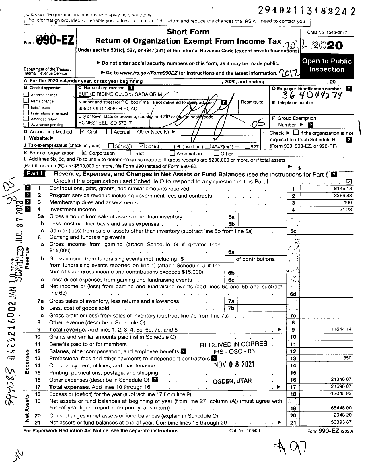 Image of first page of 2020 Form 990EO for Burke Riding Club