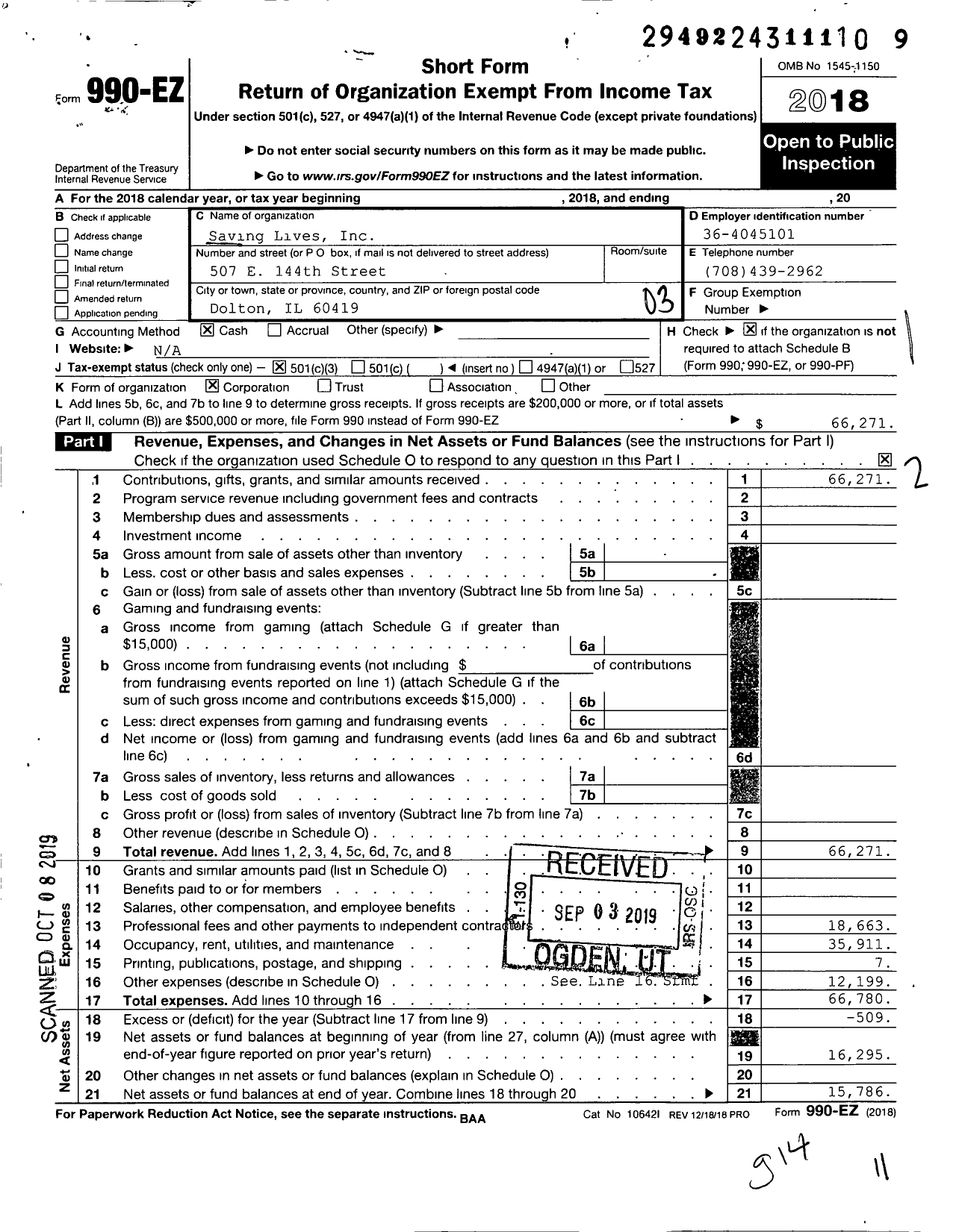 Image of first page of 2018 Form 990EZ for Saving Lives