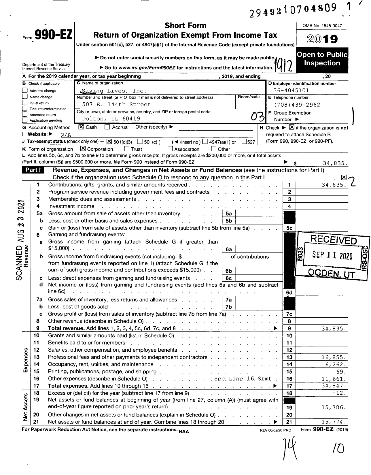 Image of first page of 2019 Form 990EZ for Saving Lives