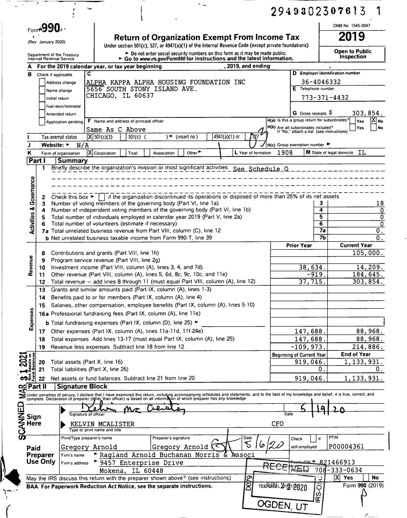 Image of first page of 2019 Form 990 for Alpha Kappa Alpha Housing Foundation