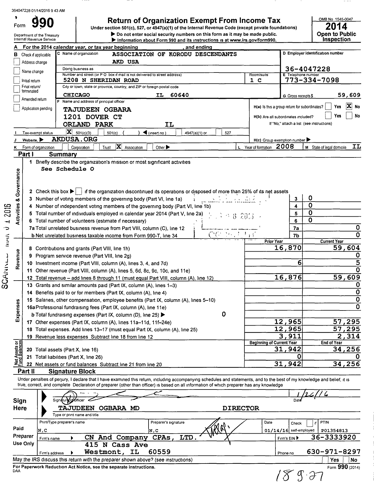 Image of first page of 2014 Form 990 for Association of Korodu Descendants Akd USA