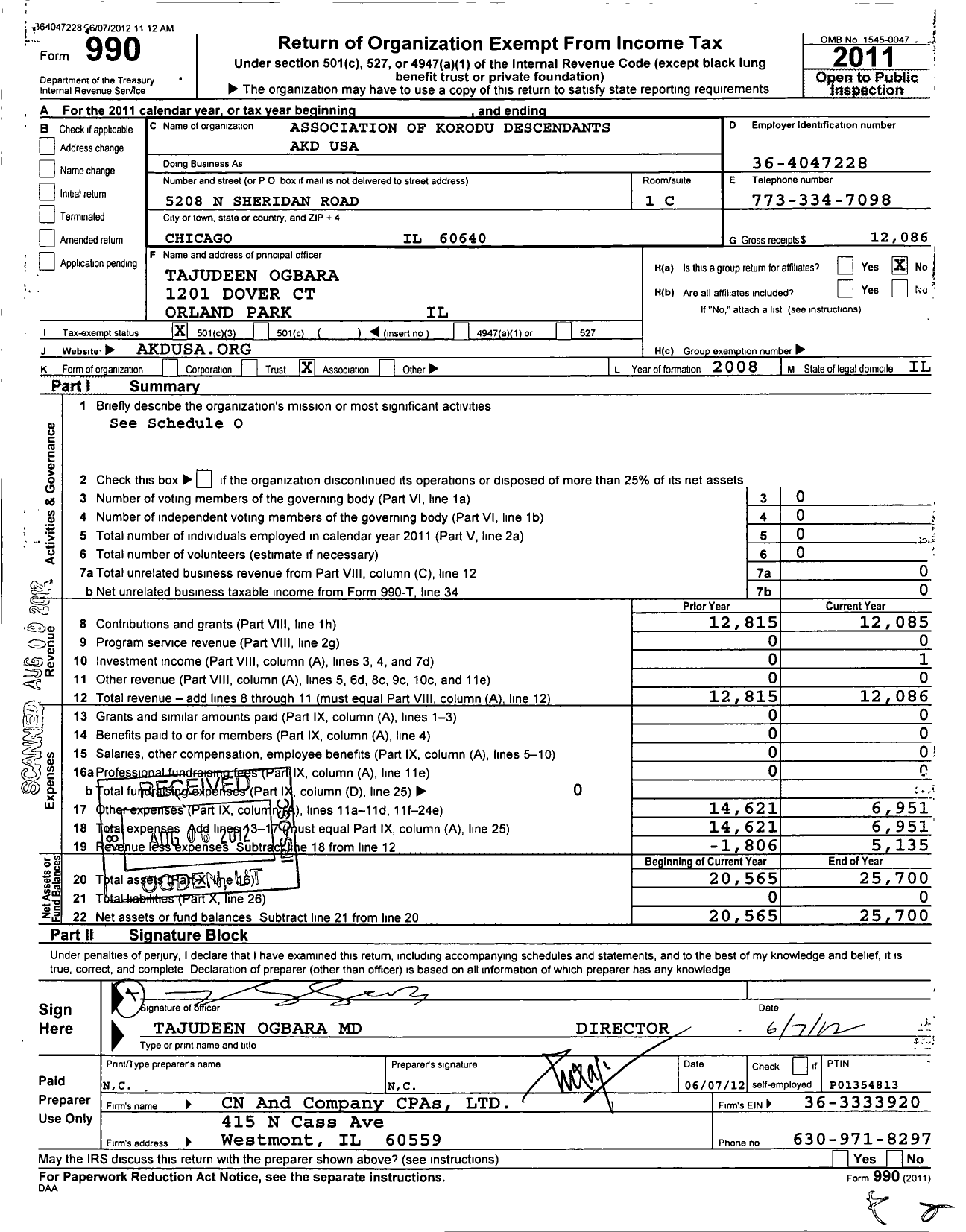 Image of first page of 2011 Form 990 for Association of Korodu Descendants Akd USA