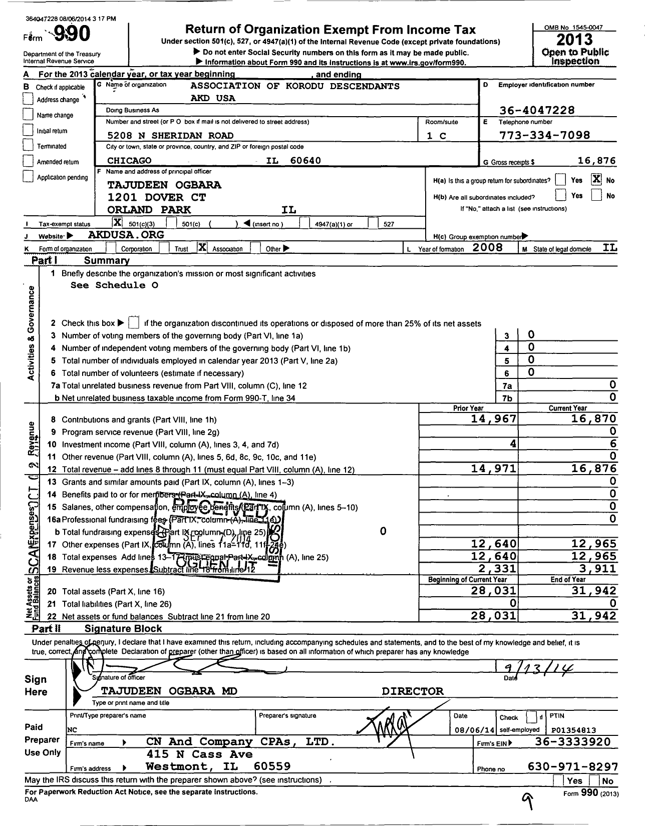 Image of first page of 2013 Form 990 for Association of Korodu Descendants Akd USA