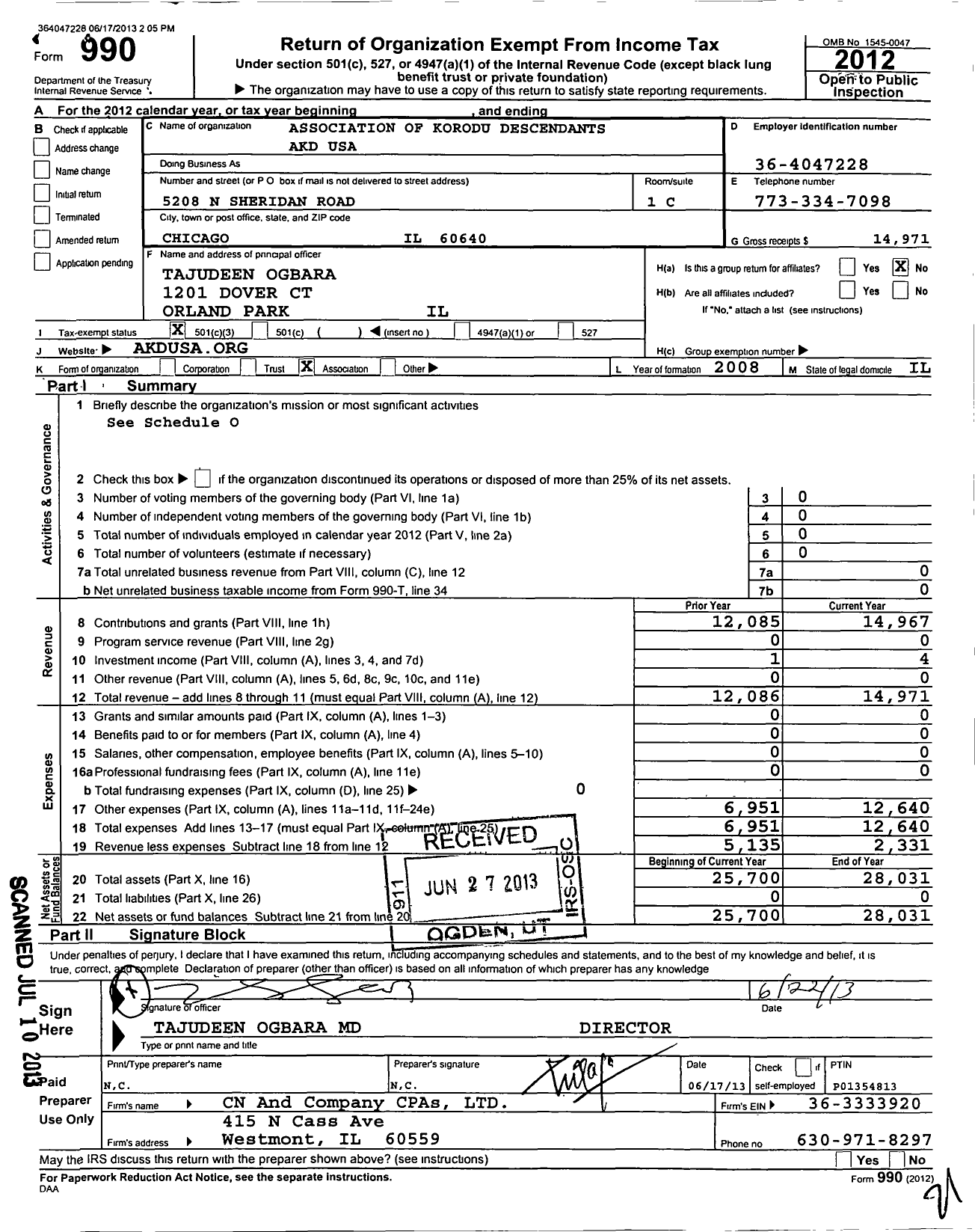 Image of first page of 2012 Form 990 for Association of Korodu Descendants Akd USA