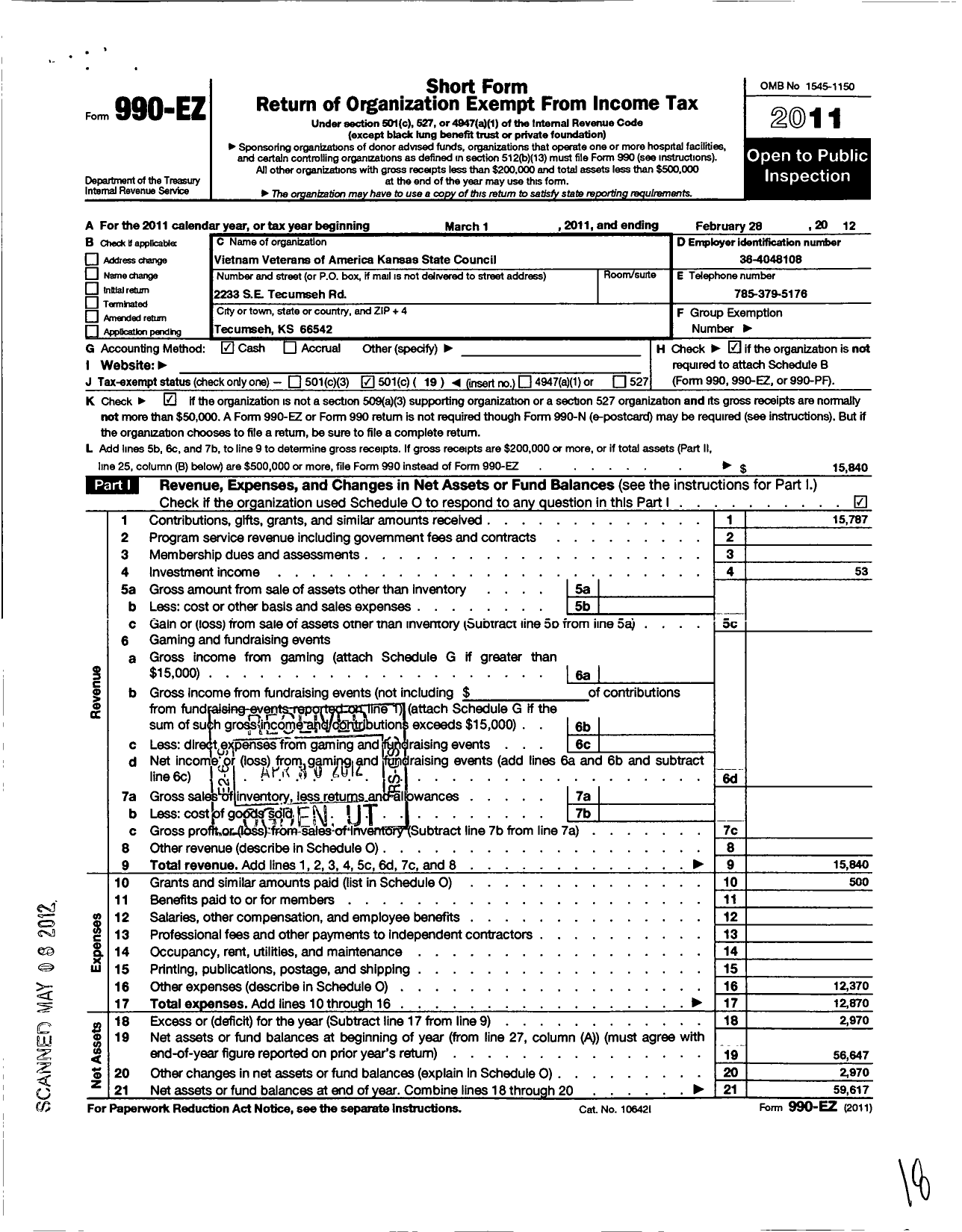 Image of first page of 2011 Form 990EO for Vietnam Veterans of America - Kansas State Council