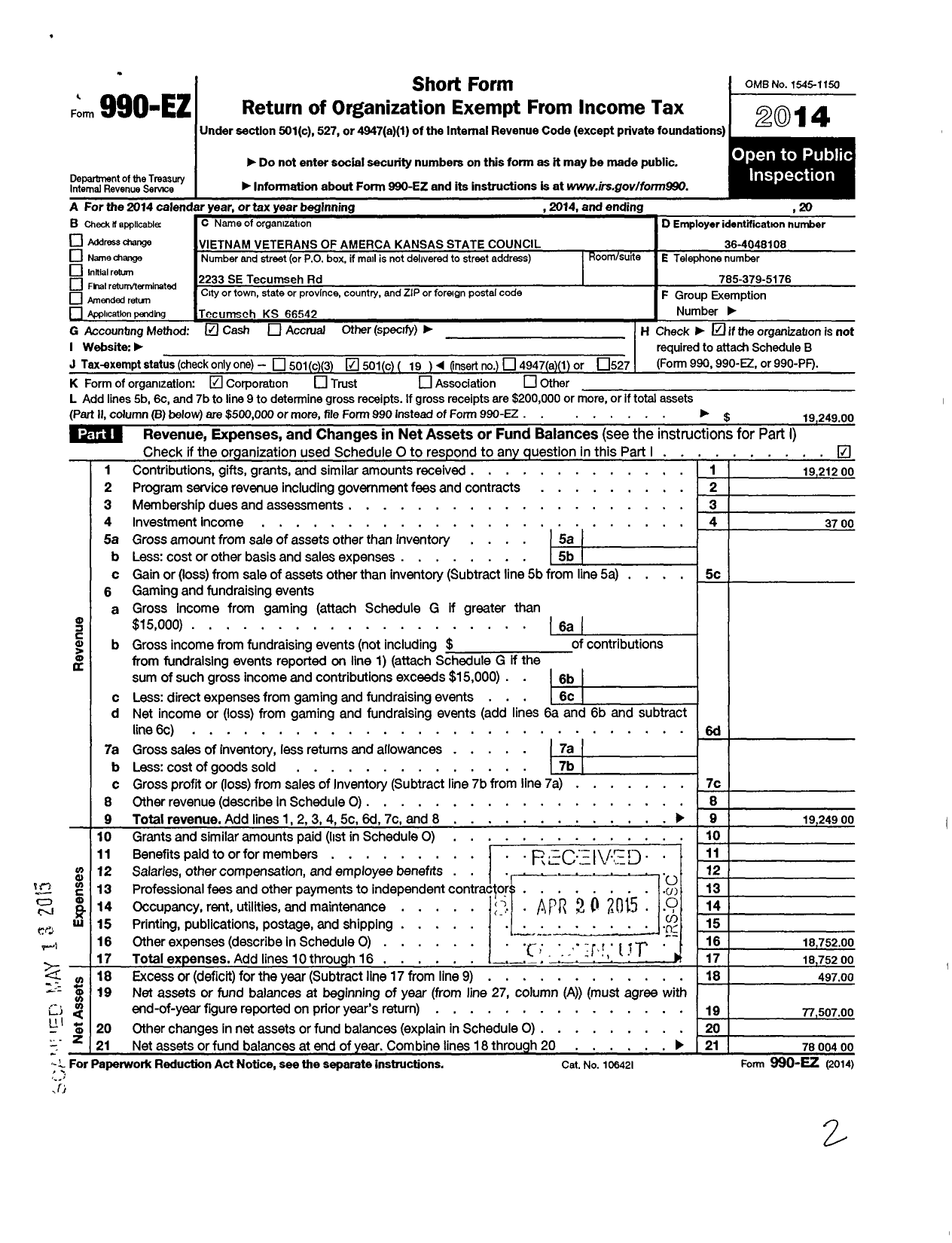 Image of first page of 2014 Form 990EO for Vietnam Veterans of America - Kansas State Council