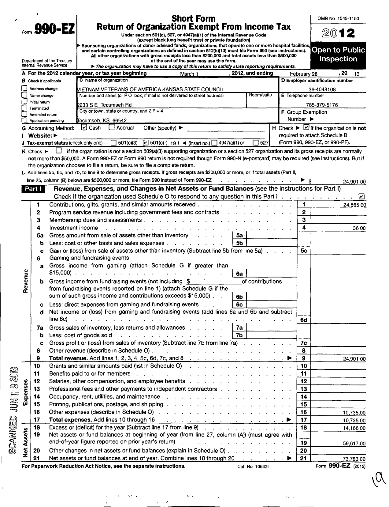 Image of first page of 2012 Form 990EO for Vietnam Veterans of America - Kansas State Council