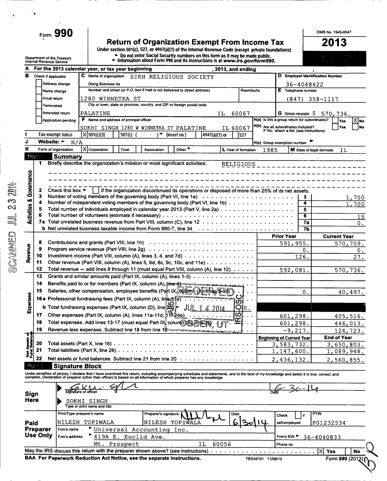 Image of first page of 2013 Form 990 for Sikh Religious Society