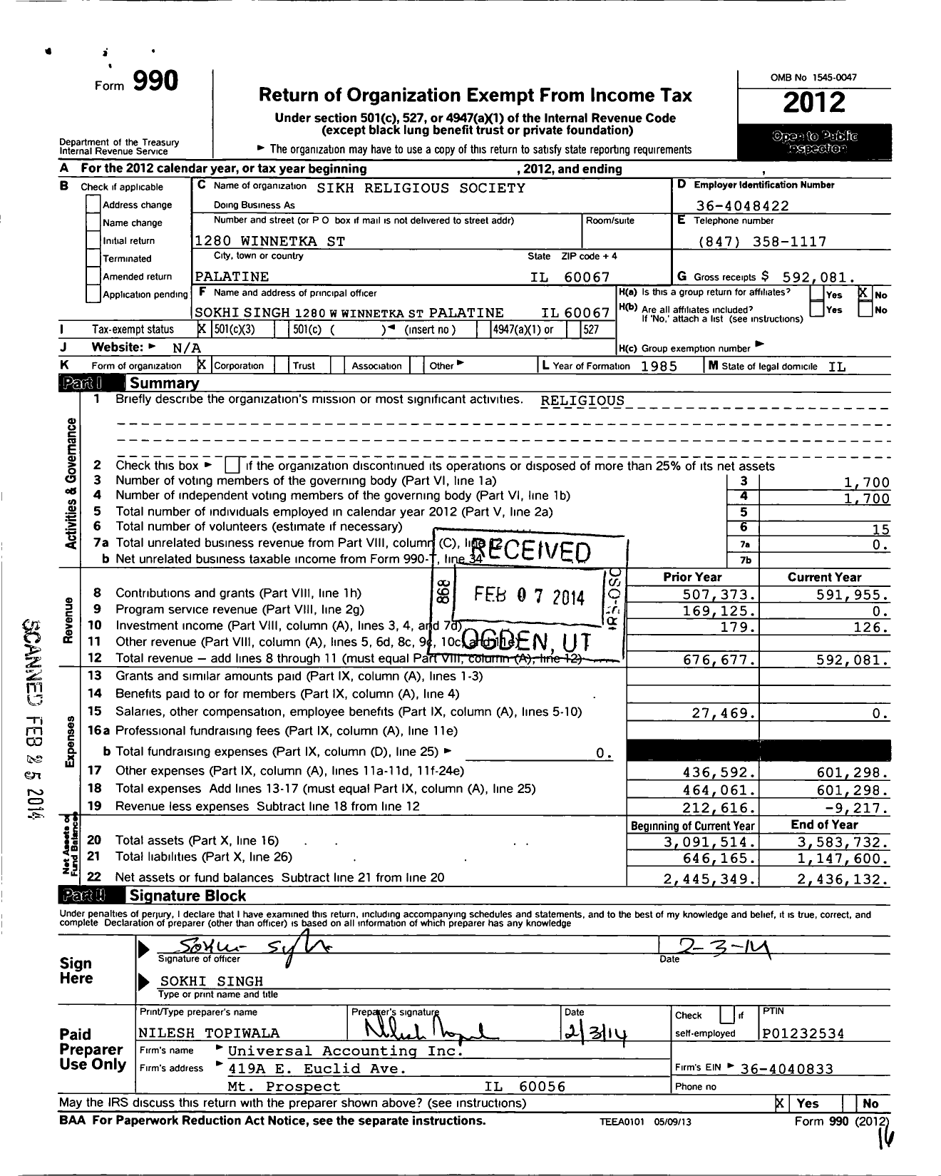 Image of first page of 2012 Form 990 for Sikh Religious Society