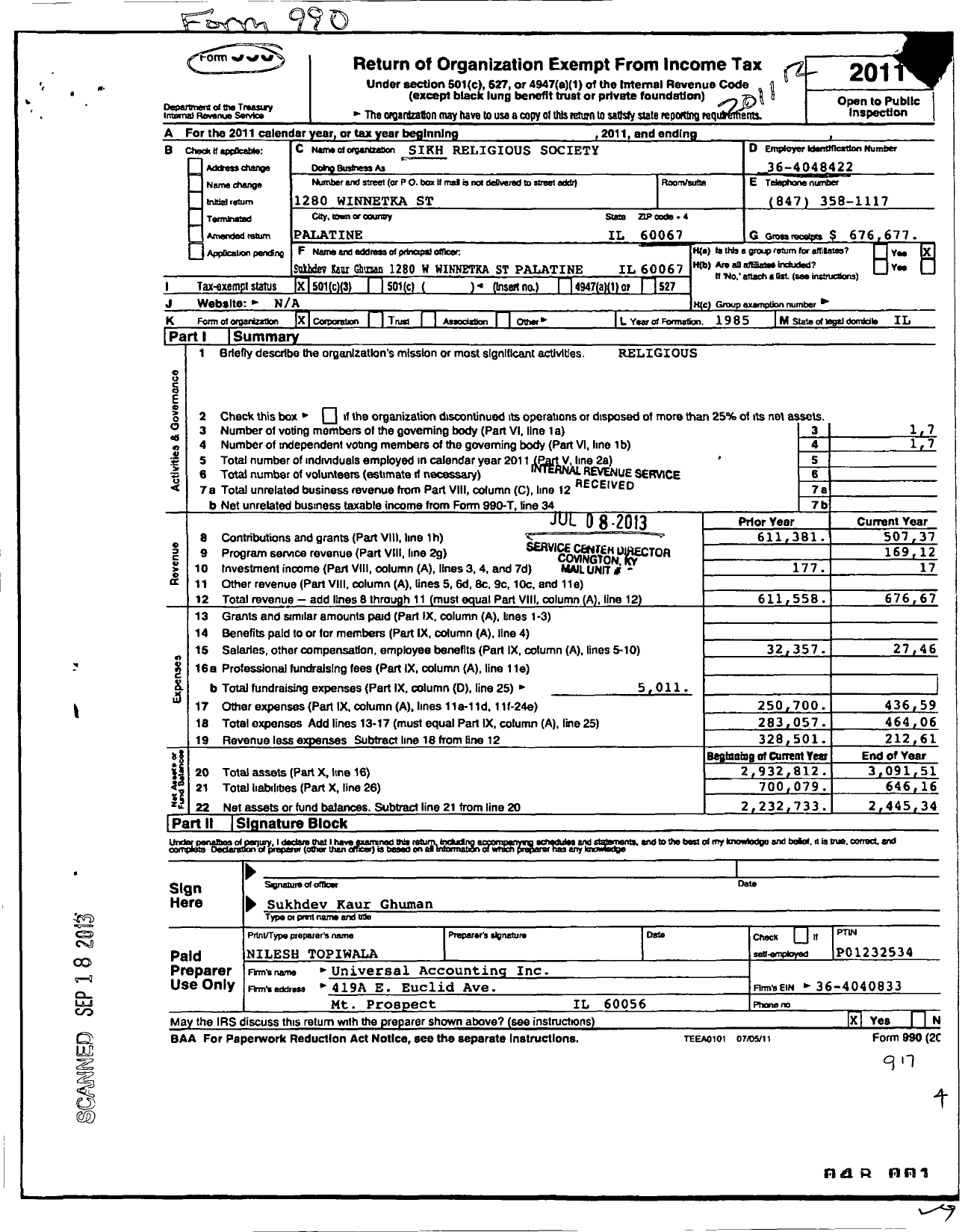 Image of first page of 2011 Form 990 for Sikh Religious Society