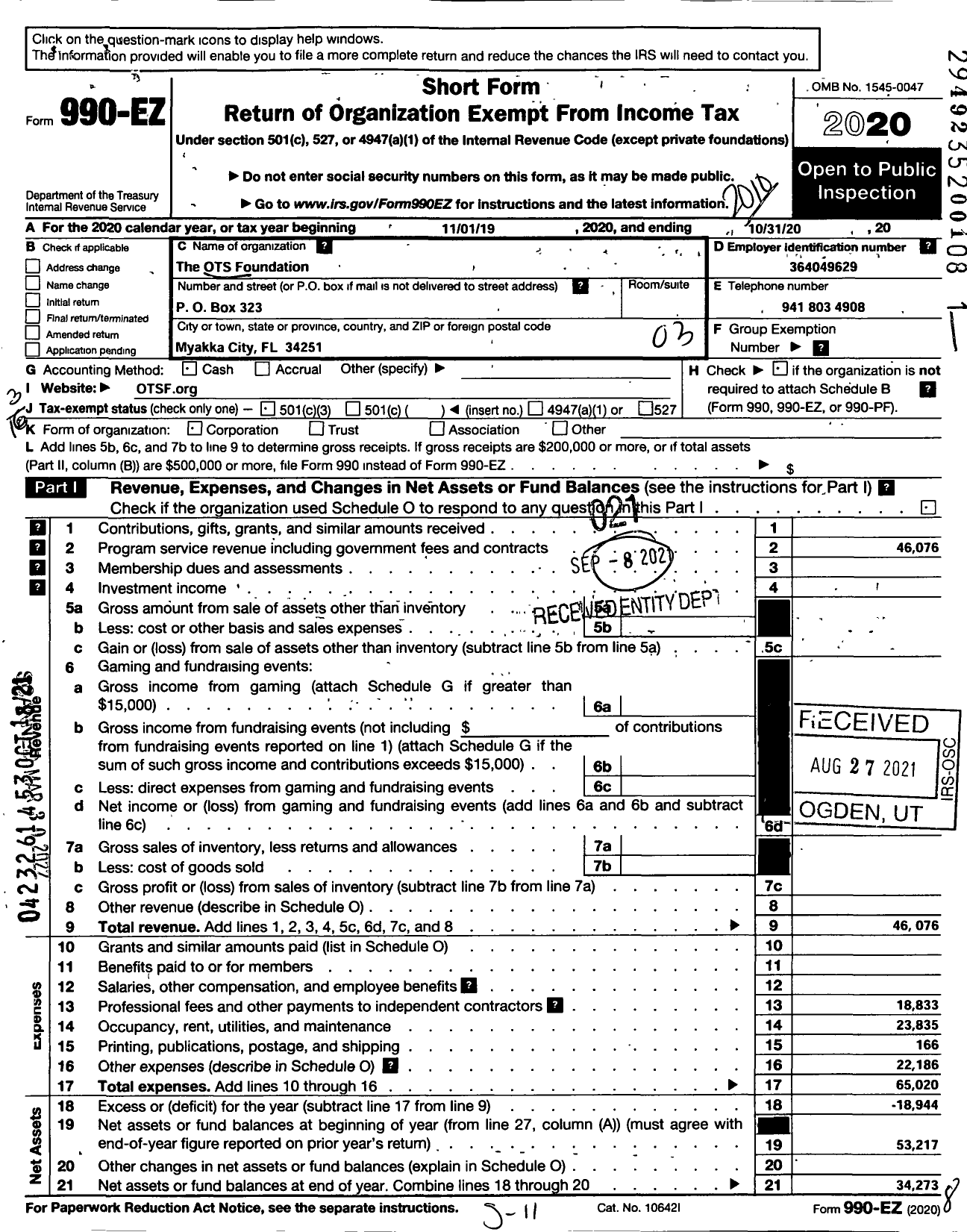 Image of first page of 2019 Form 990EZ for O T S Foundation