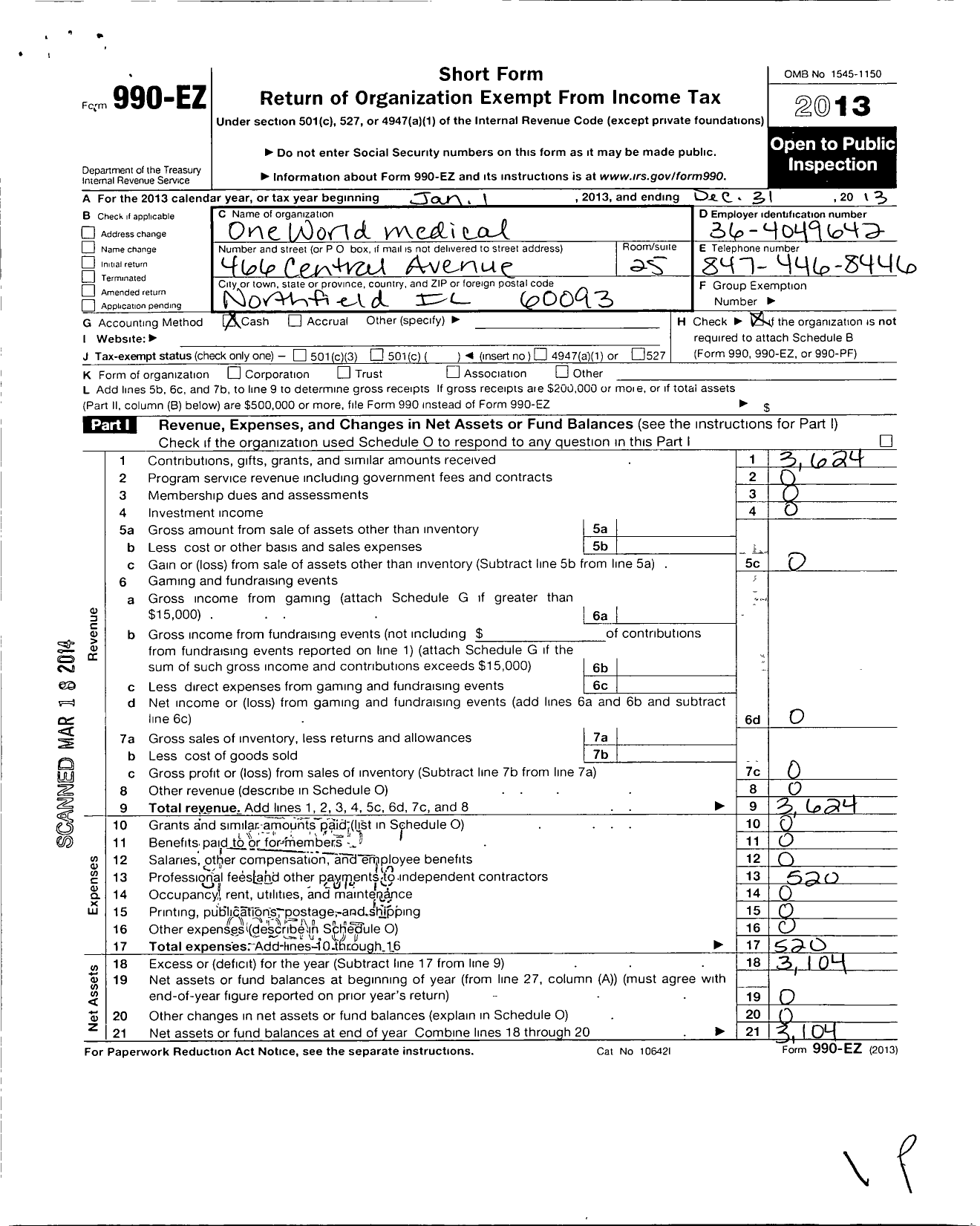 Image of first page of 2013 Form 990EO for Nicaragua Medical Alliance