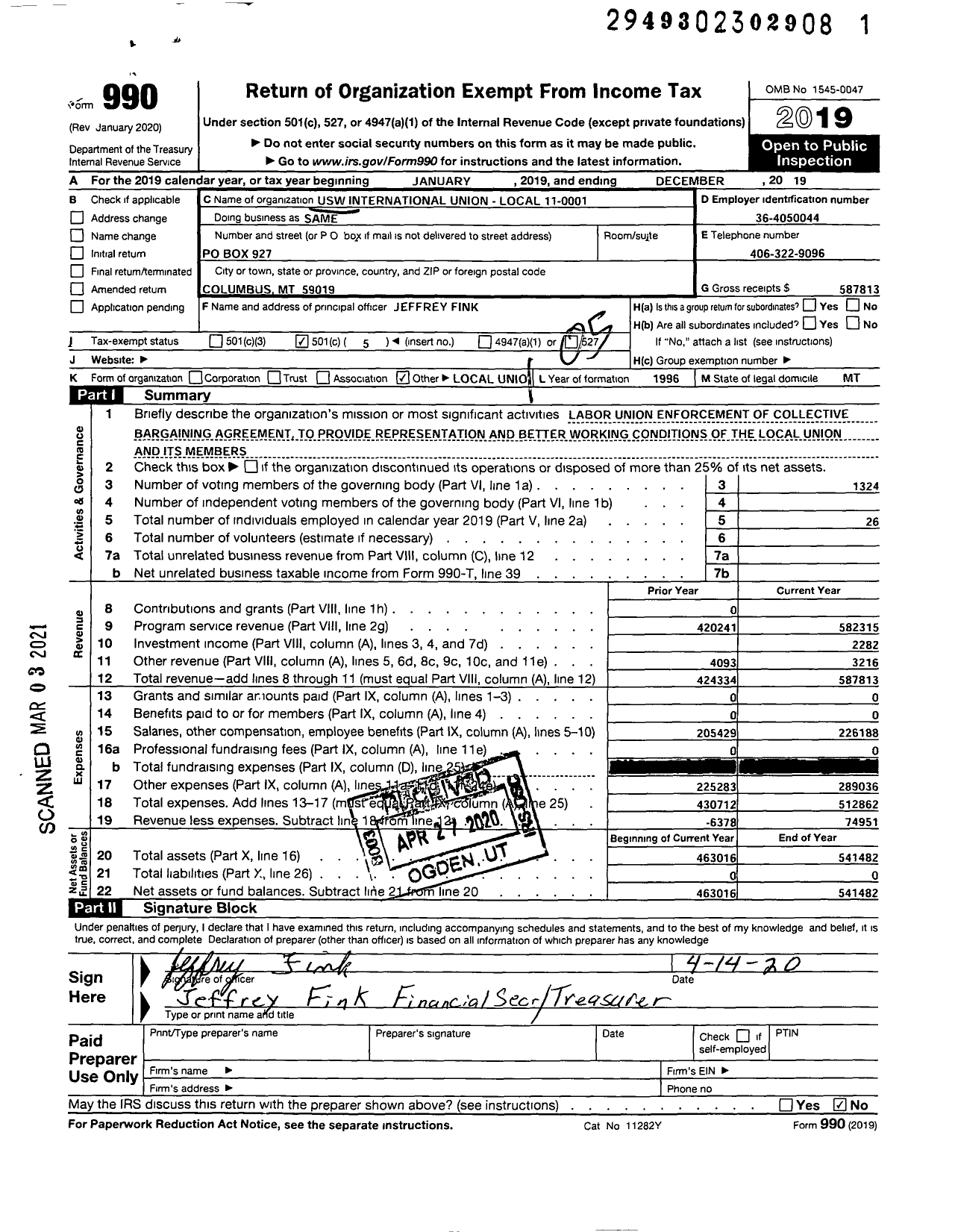 Image of first page of 2019 Form 990O for United Steelworkers - USW International Union-Local 11-0001