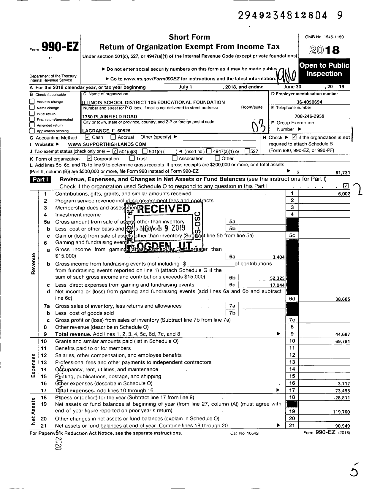 Image of first page of 2018 Form 990EZ for Illinois School District 106 Educational Foundation