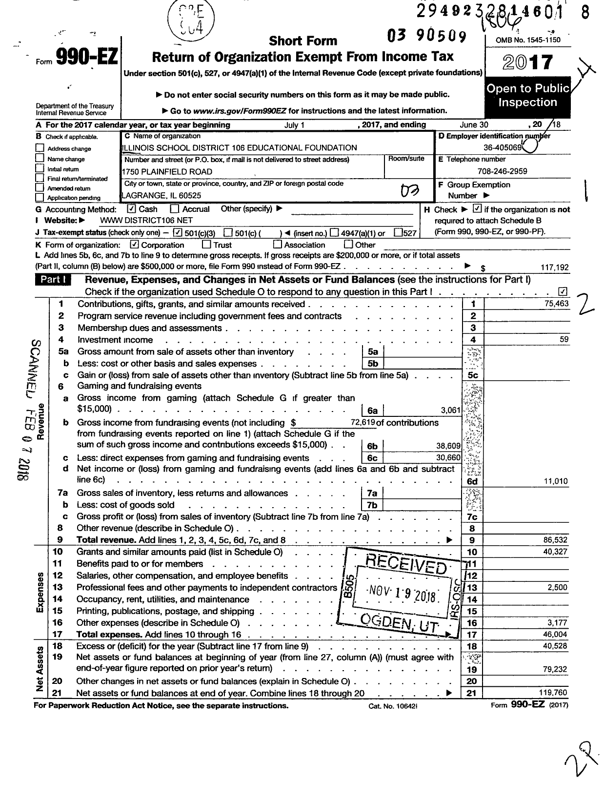 Image of first page of 2017 Form 990EZ for Illinois School District 106 Educational Foundation