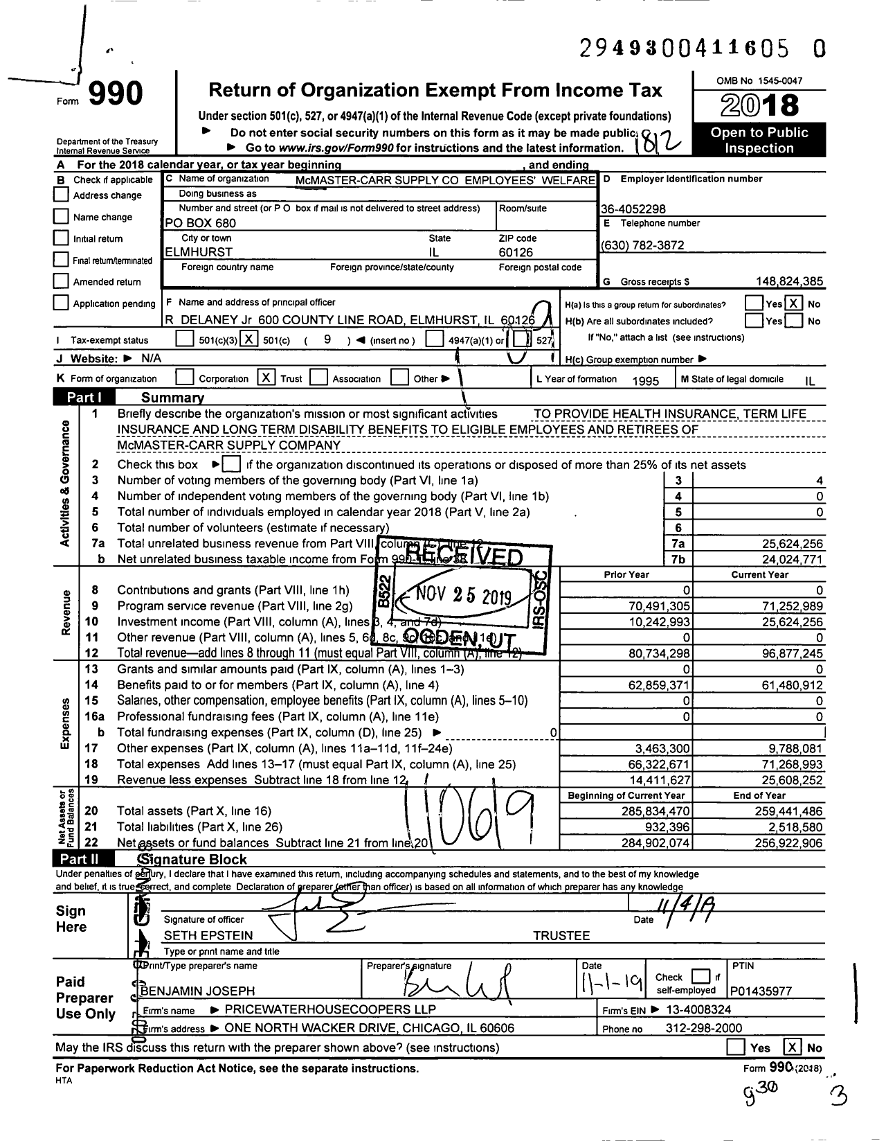 Image of first page of 2018 Form 990O for McMASTER-CARR SUPPLY CO EMPLOYEES' WELFARE TRUST