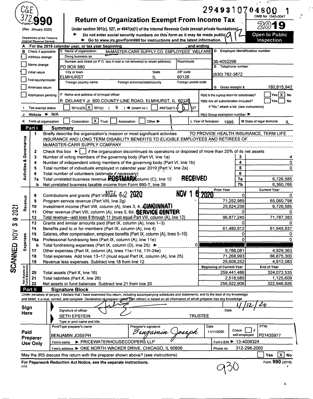 Image of first page of 2019 Form 990O for McMASTER-CARR SUPPLY CO EMPLOYEES' WELFARE TRUST