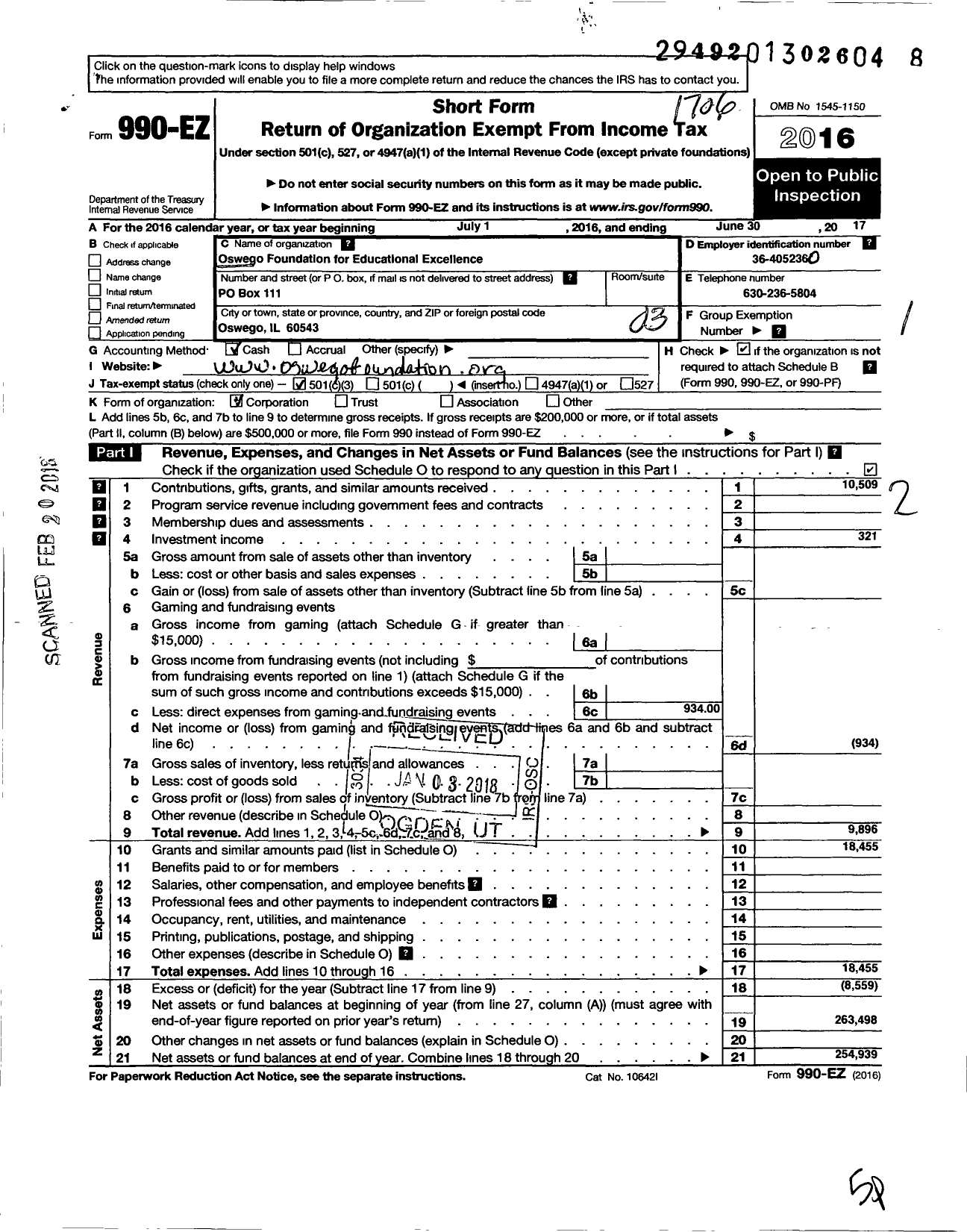 Image of first page of 2016 Form 990EZ for Oswego Foundation for Educational Excellence