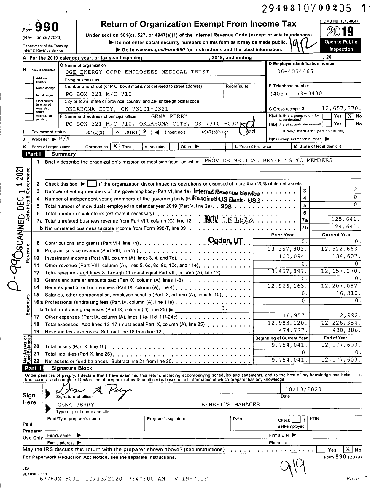 Image of first page of 2019 Form 990O for Oklahoma Gas and Electric Company Medical Benefit Trust