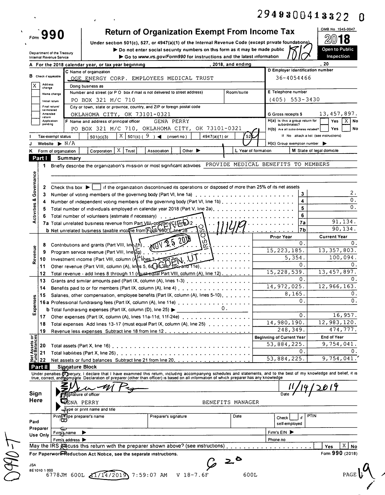 Image of first page of 2018 Form 990O for Oklahoma Gas and Electric Company Medical Benefit Trust