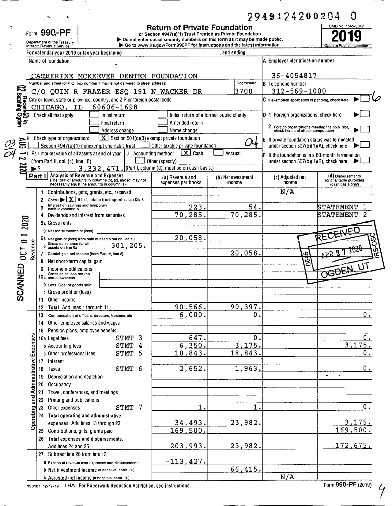 Image of first page of 2019 Form 990PR for Catherine Mckeever Denten Foundation